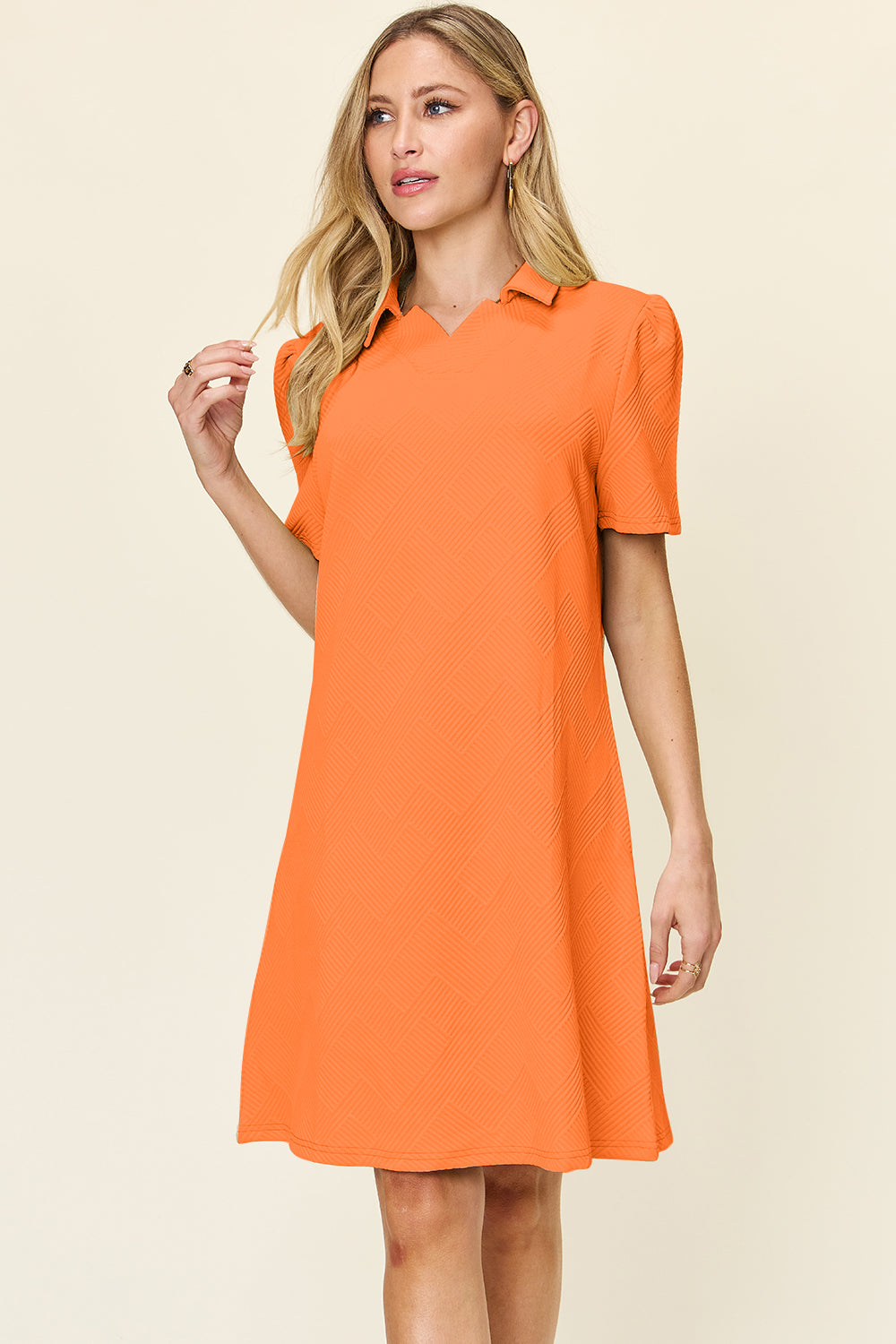 Texture Collared Neck Short Sleeve Dress