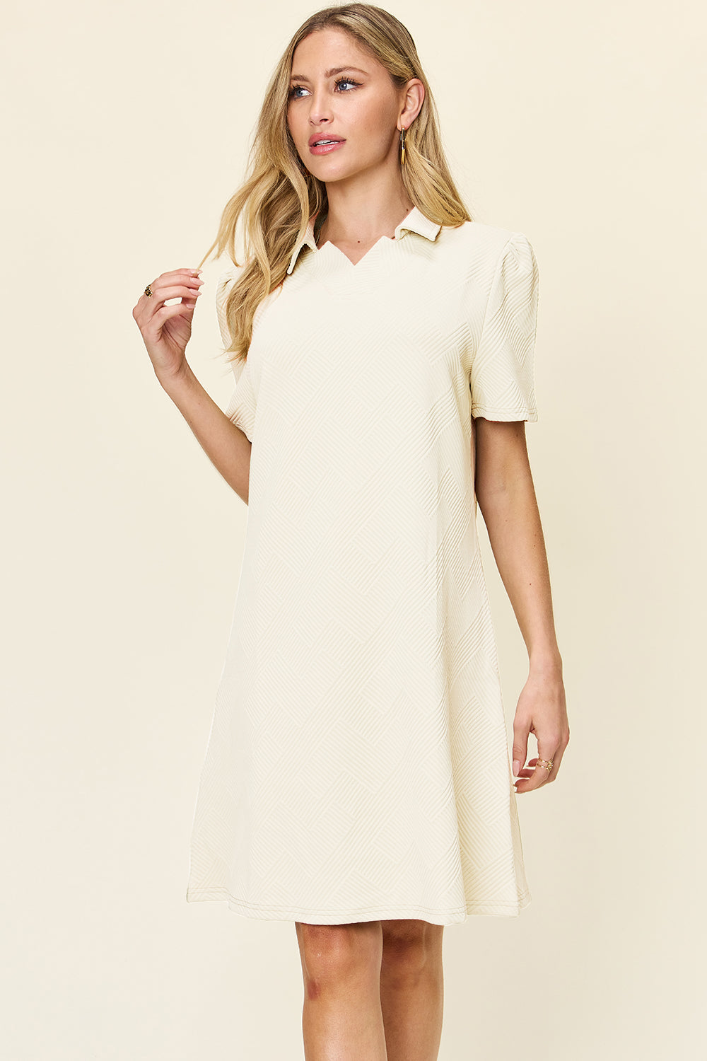 Texture Collared Neck Short Sleeve Dress