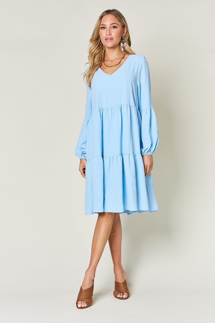 V-Neck Balloon Sleeve Tiered Dress with Pockets