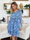 Double Take Full Size Printed Drawstring Waist Long Sleeve Dress