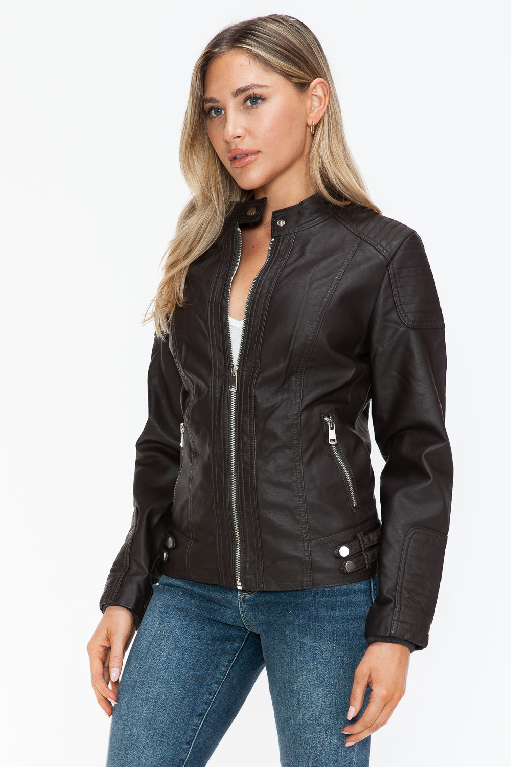 Snobbish Faux Leather Biker Jacket with Side Zip Pockets