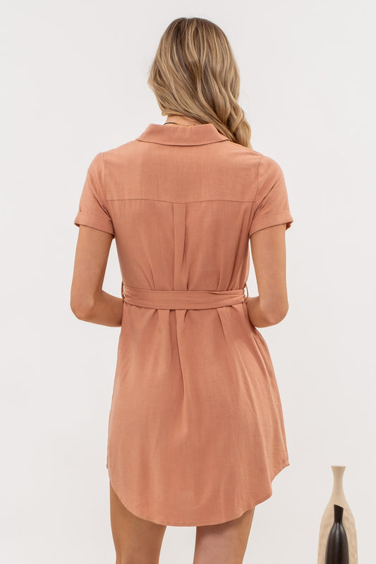 Collared button down belted mini dress