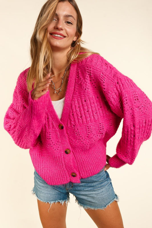 Hot pink Button Down Crop Long Sleeve Cardigan