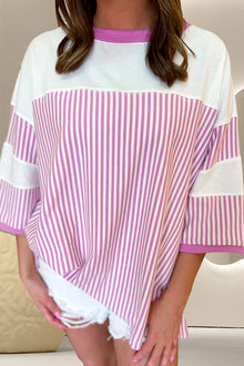  Striped Round Neck Three-Quarter Sleeve T-Shirt