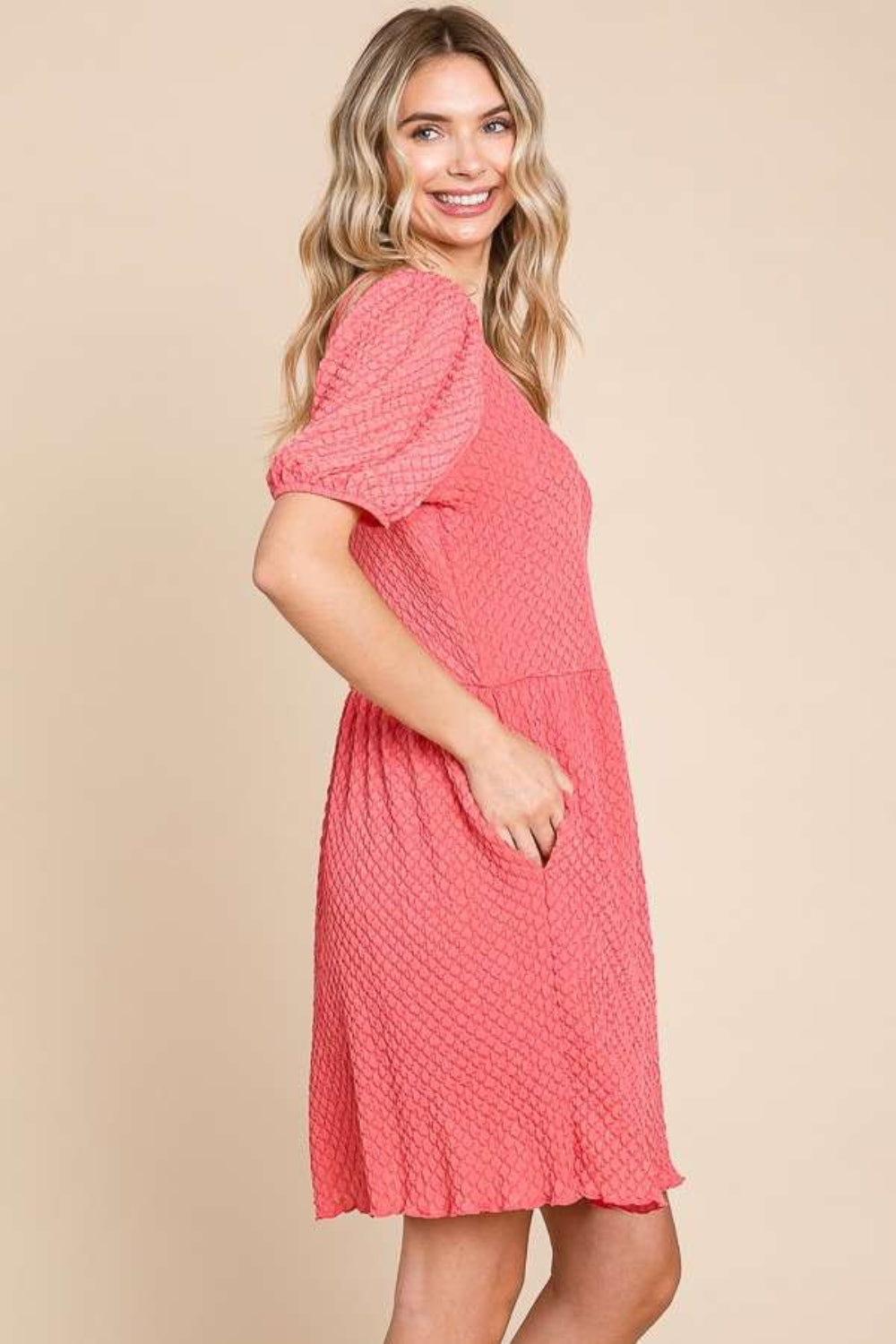 Textured Round Neck Puff Sleeve Dress