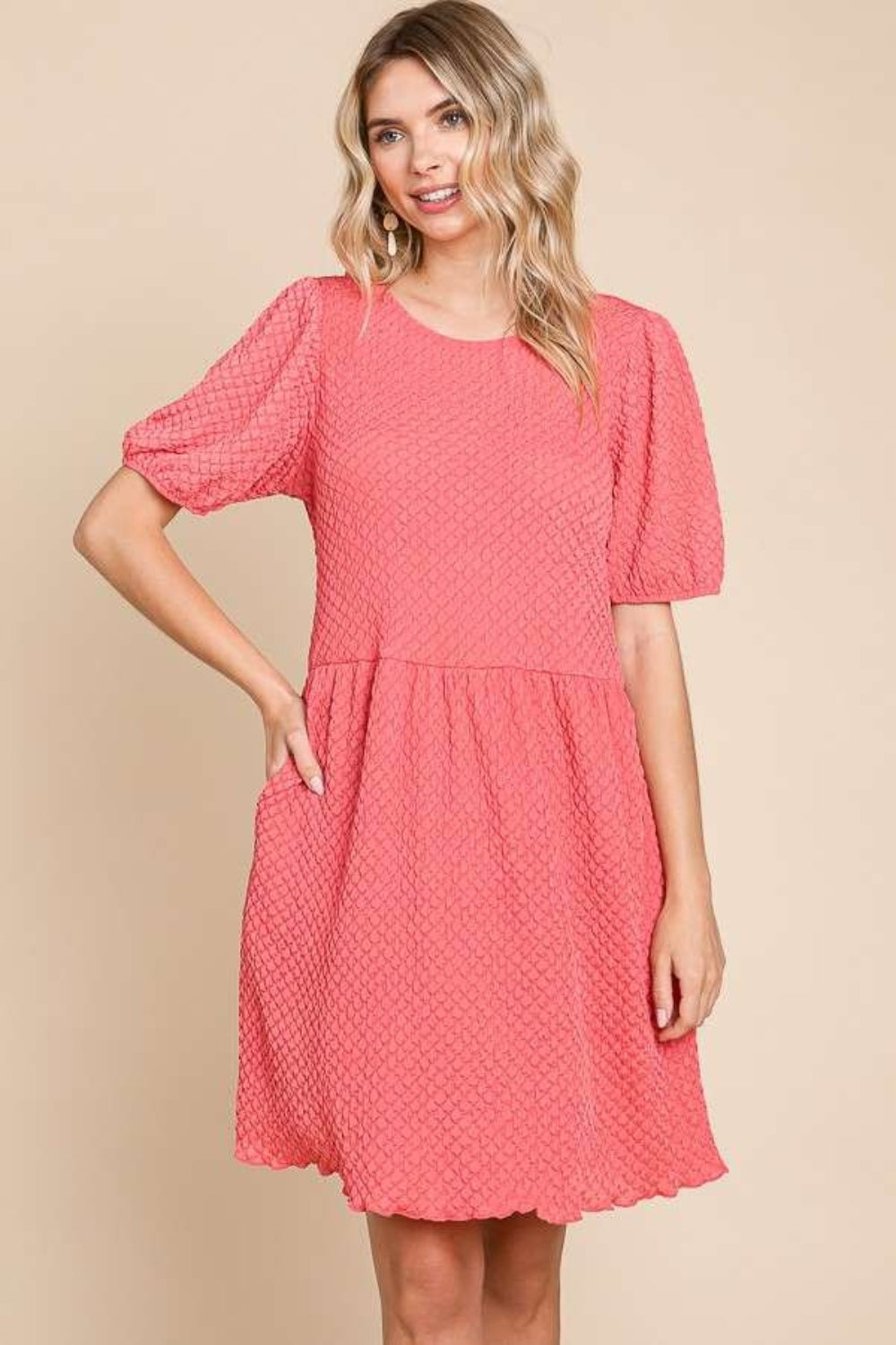 Textured Round Neck Puff Sleeve Dress