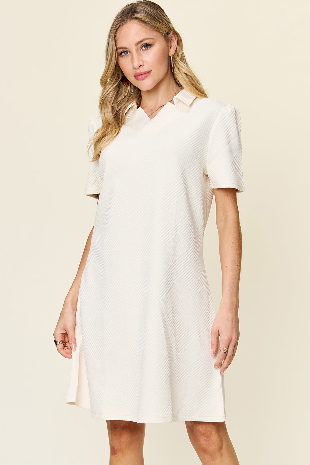 Texture Collared Neck Short Sleeve Dress