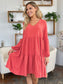 V-Neck Balloon Sleeve Tiered Dress with Pockets