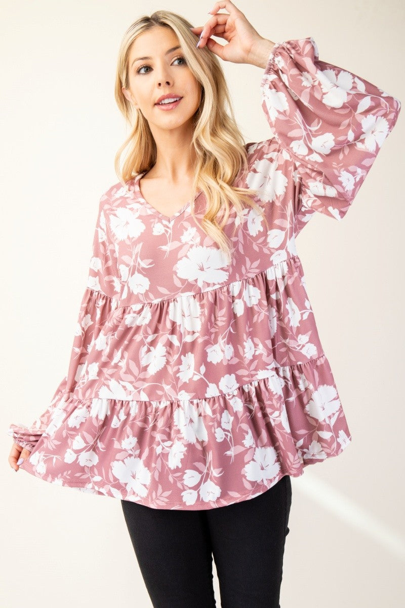 Tiered Floral V-Neck Long Sleeve Blouse