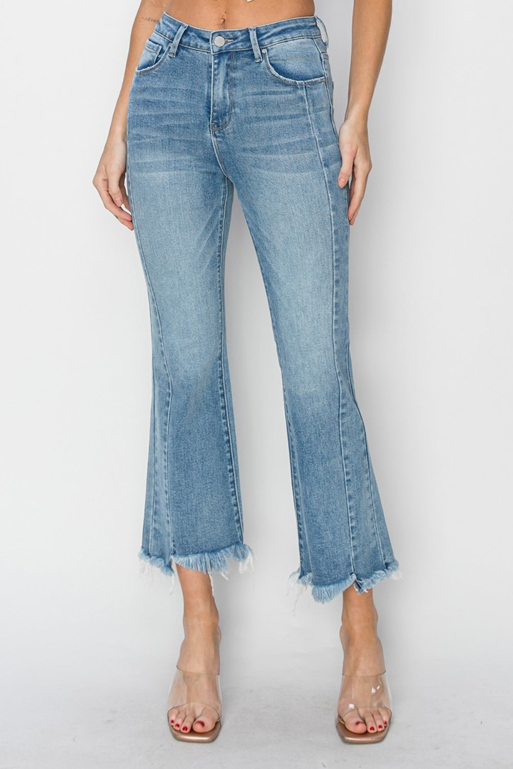 Risen High Rise Frayed Hem Flare Jeans