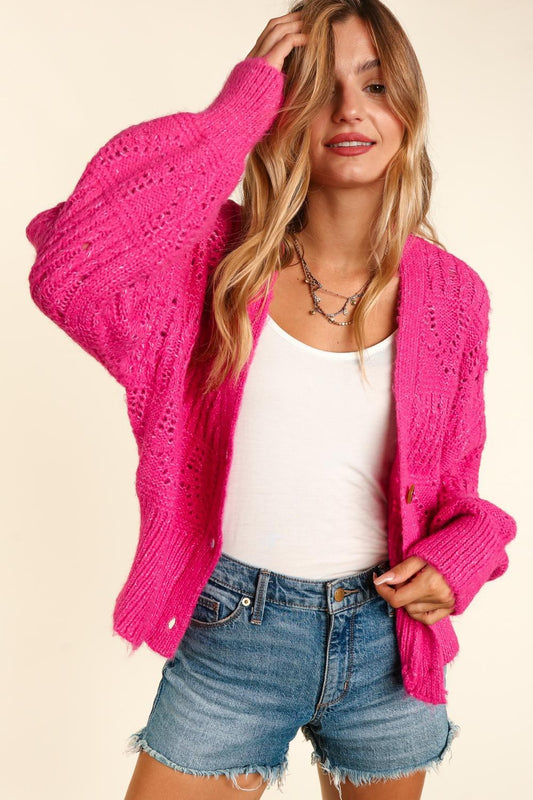 Hot pink Button Down Crop Long Sleeve Cardigan