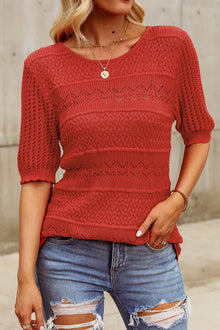  Openwork Round Neck Half Sleeve Knit Top