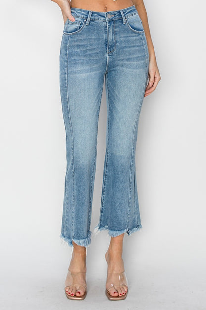 Risen High Rise Frayed Hem Flare Jeans