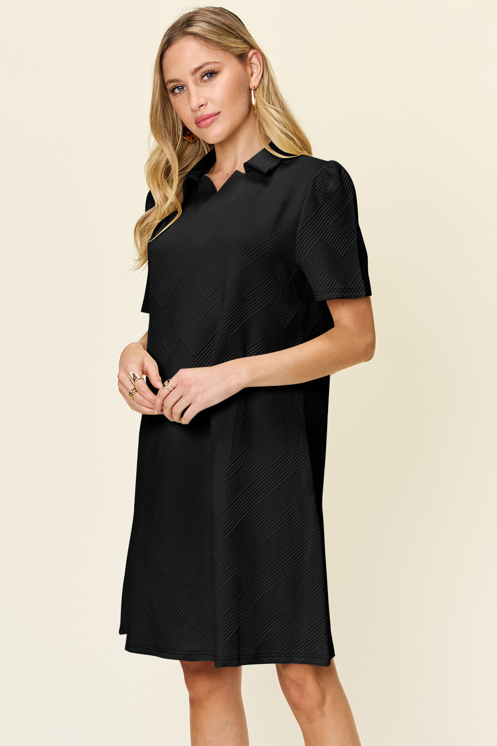 Texture Collared Neck Short Sleeve Dress