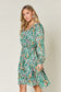 Double Take Full Size Printed Drawstring Waist Long Sleeve Dress