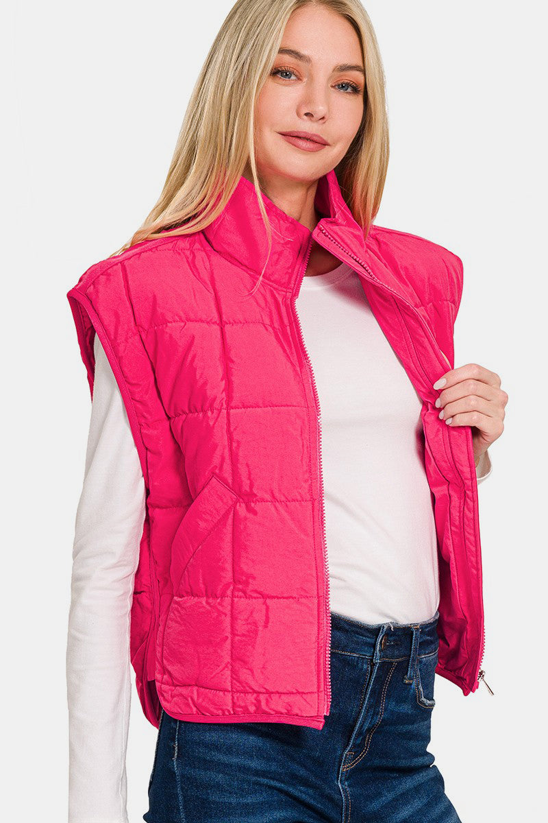 Zip Up Cropped Puffer Vest with Pockets