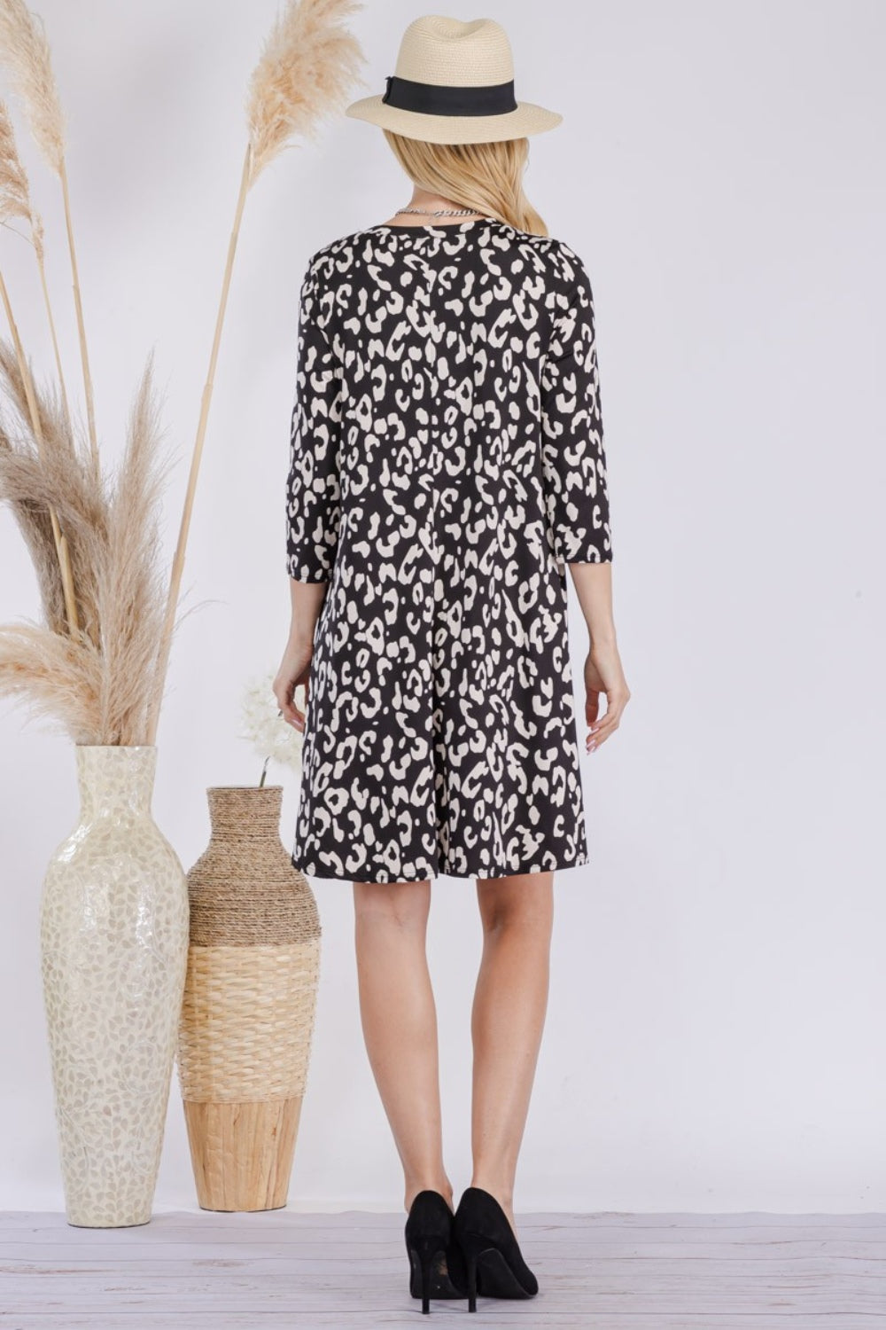 Leopard Three-Quarter Sleeve Dress with Pockets