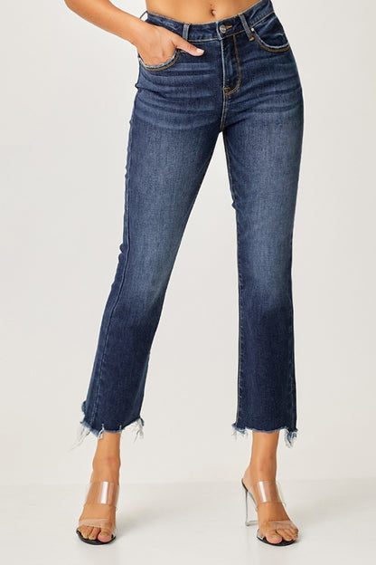 Risen Frayed Hem Cropped Straight Jeans