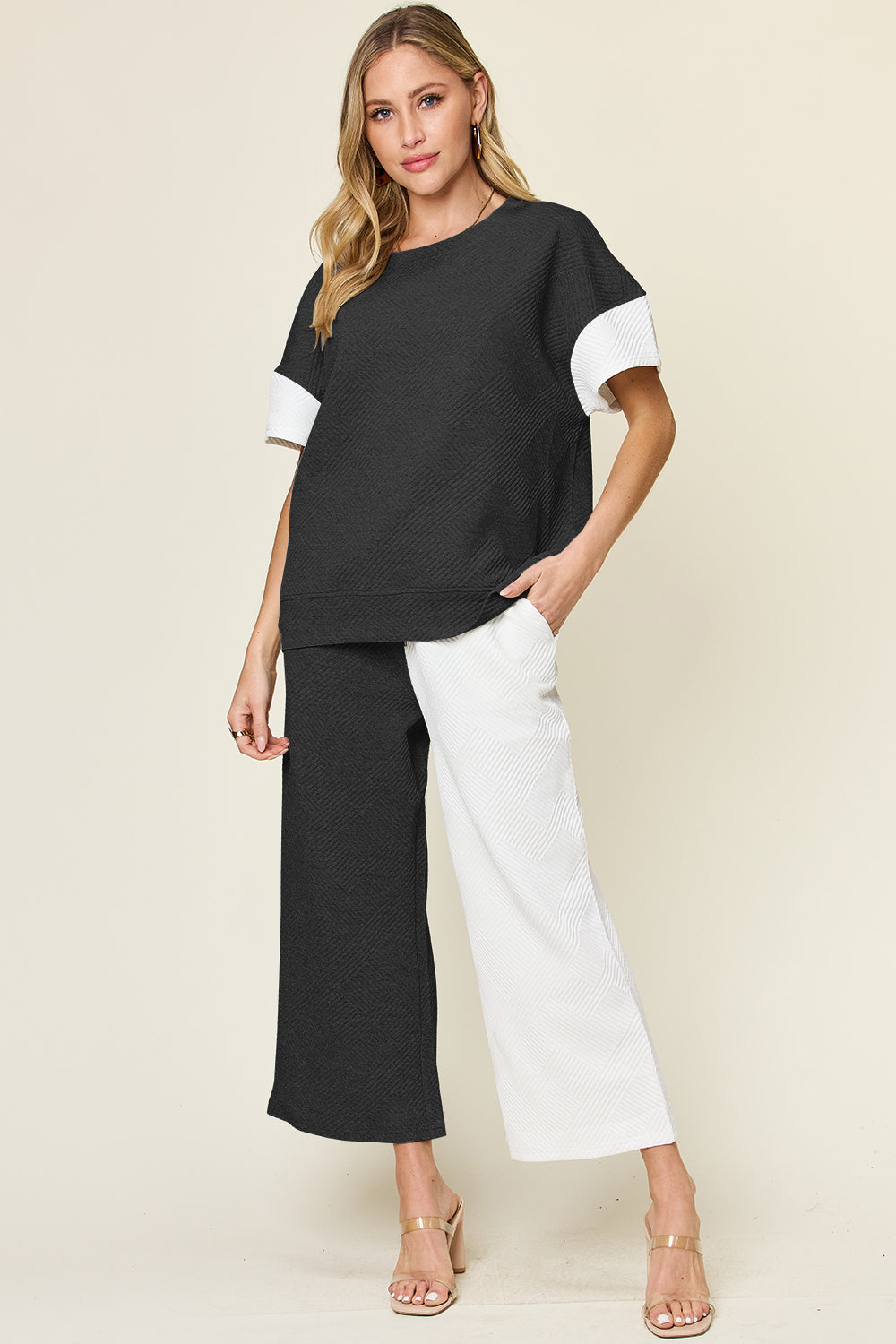 Contrast T-Shirt and Wide Leg Pants Set