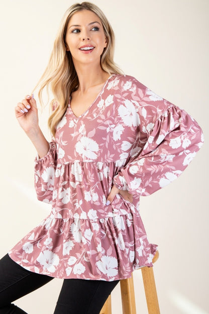 Tiered Floral V-Neck Long Sleeve Blouse