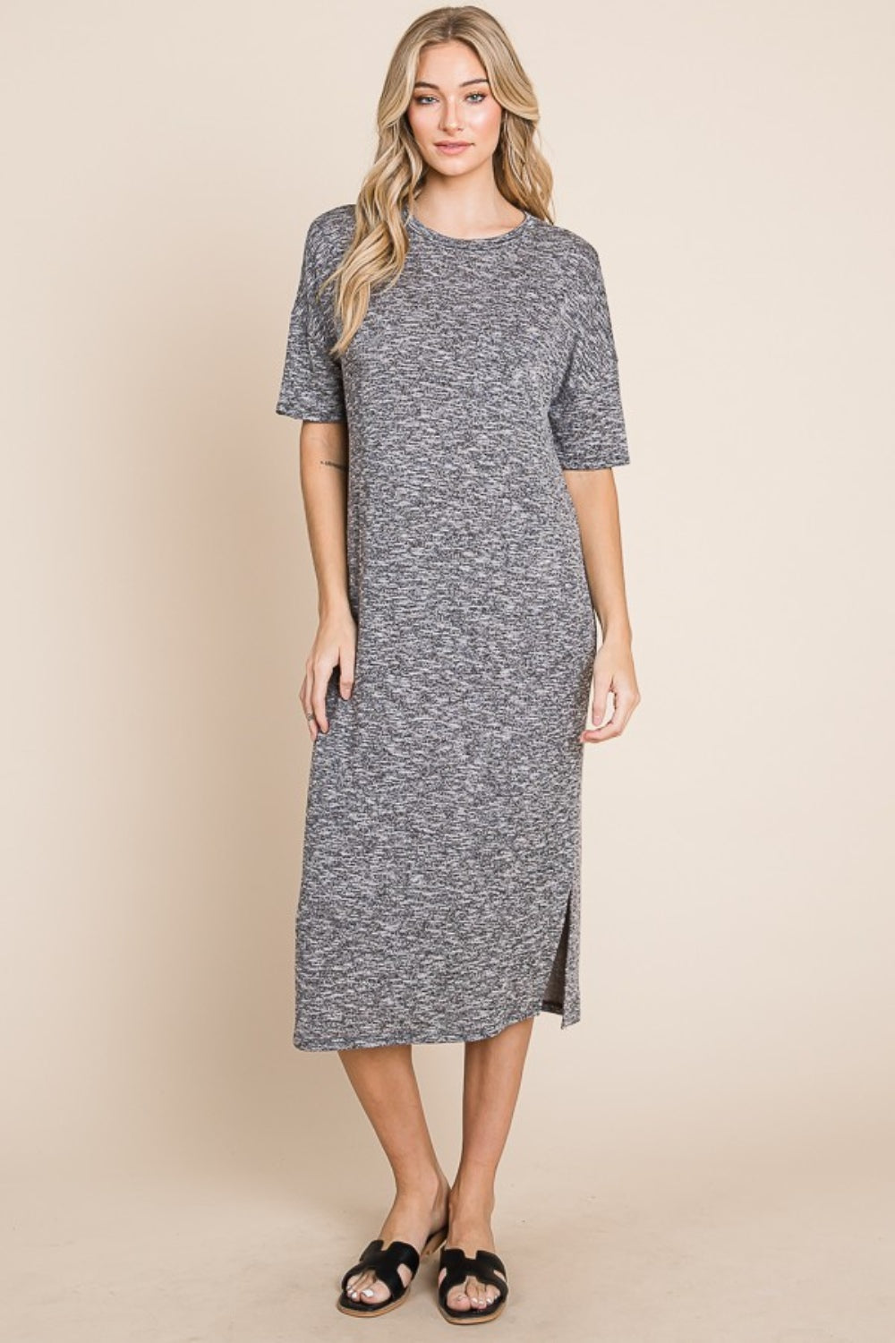 Slit Round Neck Half Sleeve Midi Dress