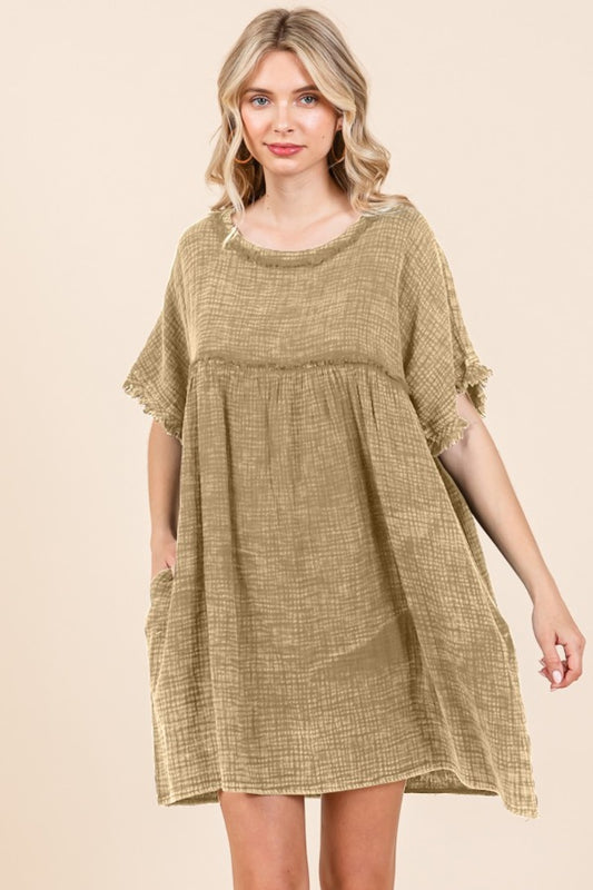 Short Sleeve Babydoll Texture Dress with Pockets