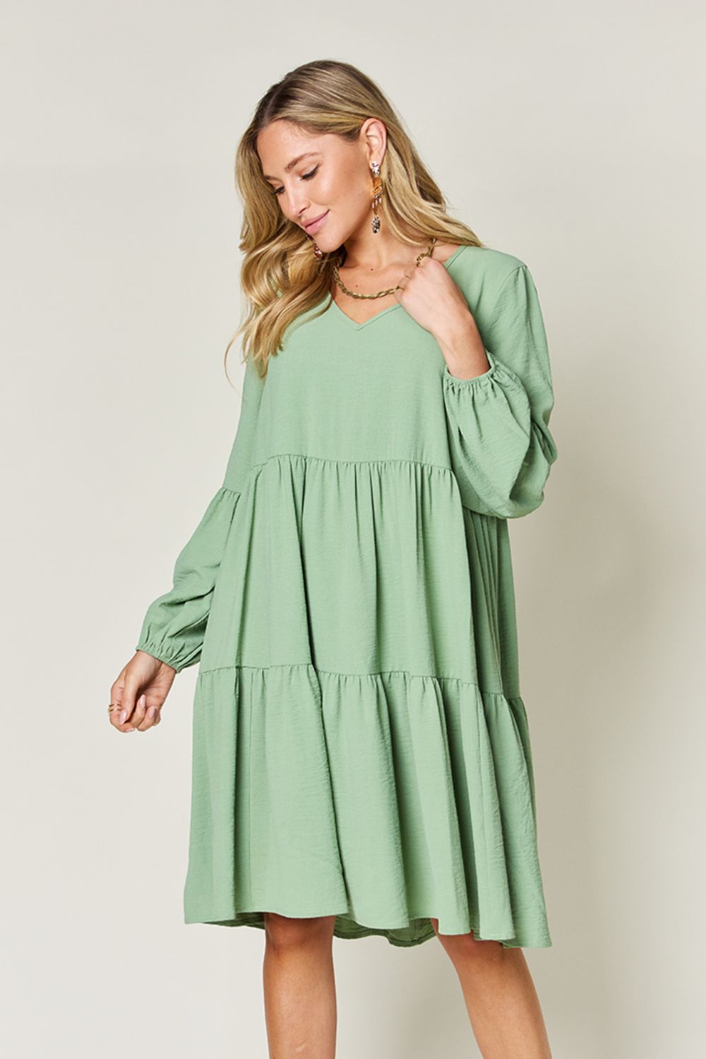 V-Neck Balloon Sleeve Tiered Dress with Pockets