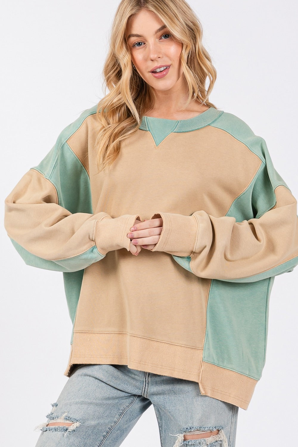 Sage & Fig Color Block Round Neck Sweatshirt