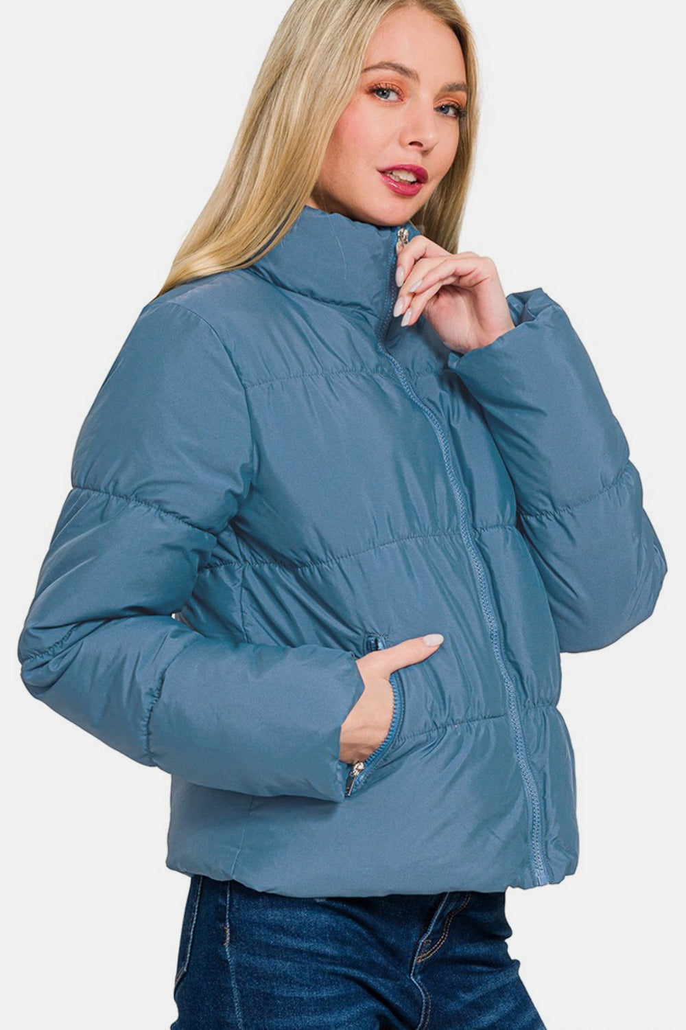 Zip Up Turtleneck Puffer Jacket with Pockets