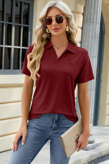  Pocketed Johnny Collar Short Sleeve Blouse