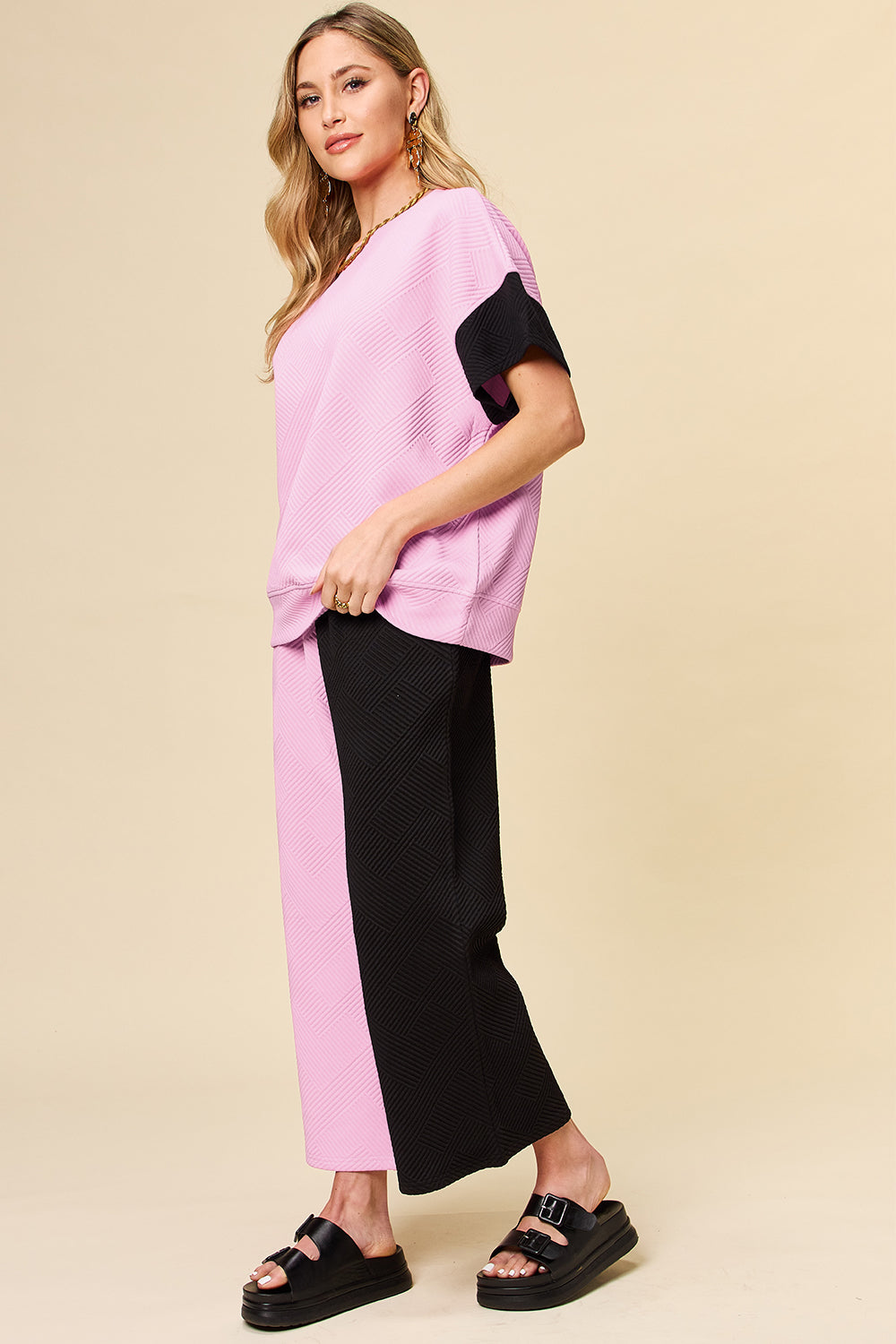 Contrast T-Shirt and Wide Leg Pants Set