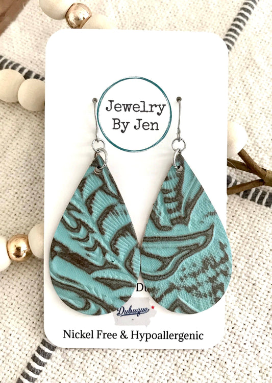 Medium Teardrop: Turquoise Tooled